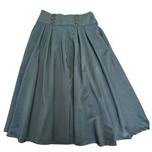 Belle Poque Small Dark Green High Waisted Pleated Midi Swing Skirt